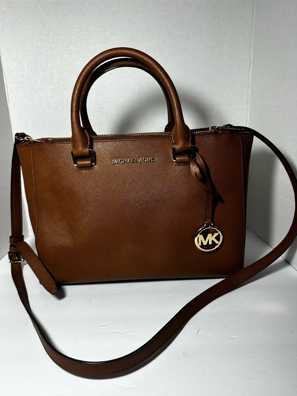 Michael Kors Brown Leather Top-Handle Satchel with Gold MK Charm